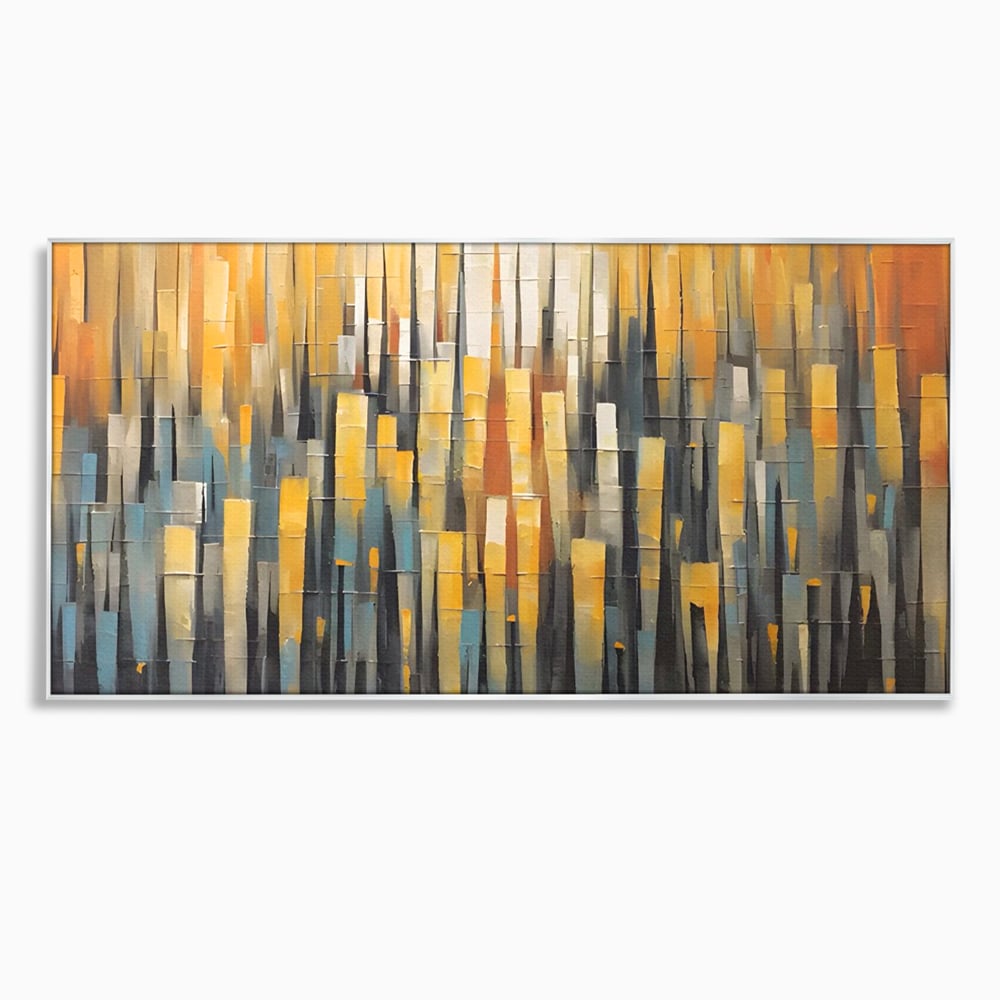 Tablou canvas cu pictura abstracta cu dungi verticale aurii, in rama de aluminiu argintiu